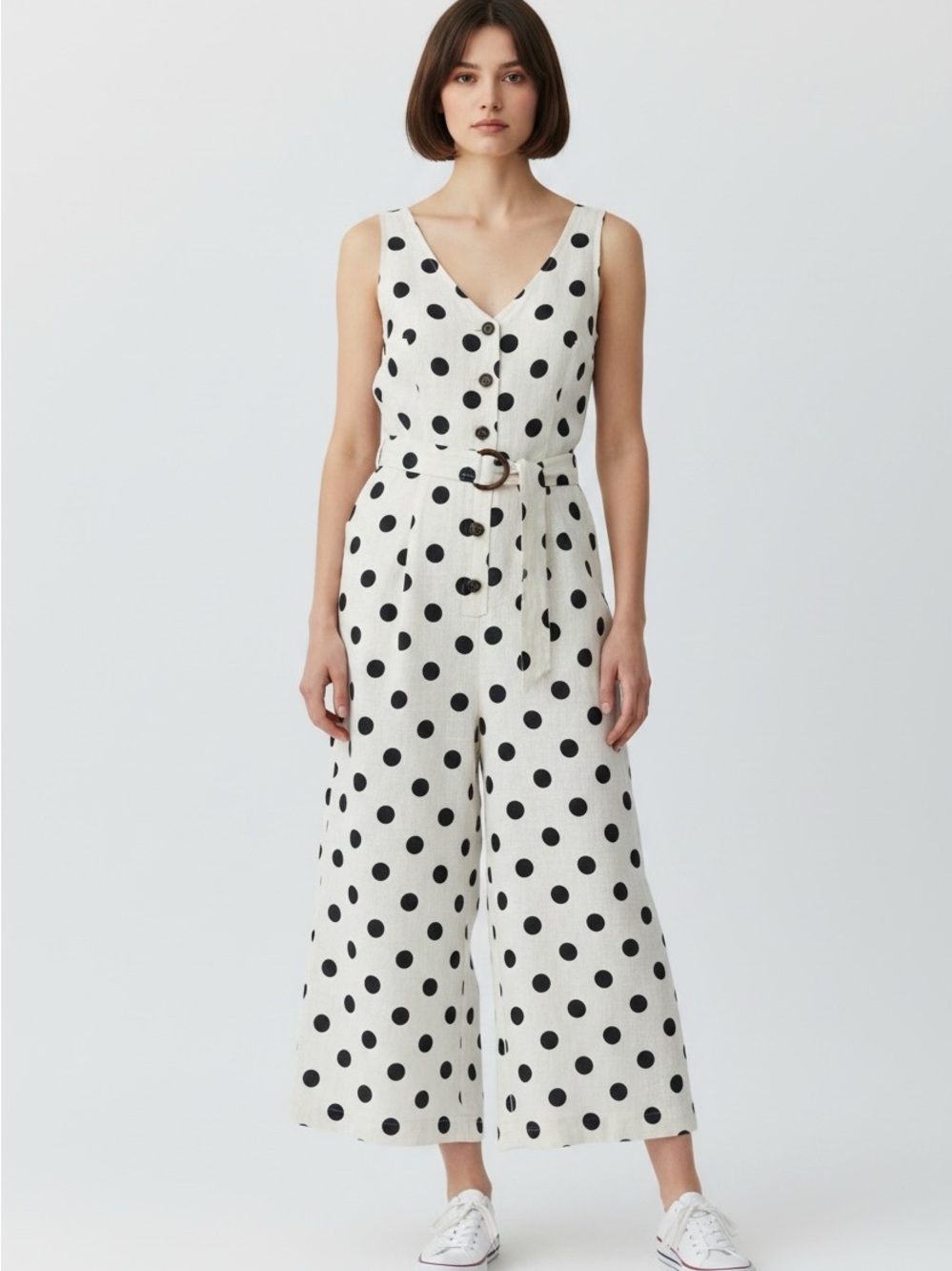 Sleeveless V-Neck Polka Dot Wide-Leg Jumpsuit in White and Black